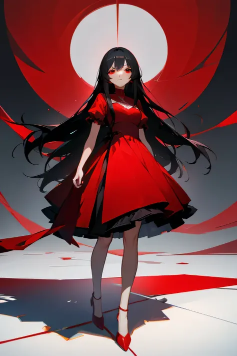 long black hair、red eyes、beautiful woman、whole body、red dress、Standing picture、real face