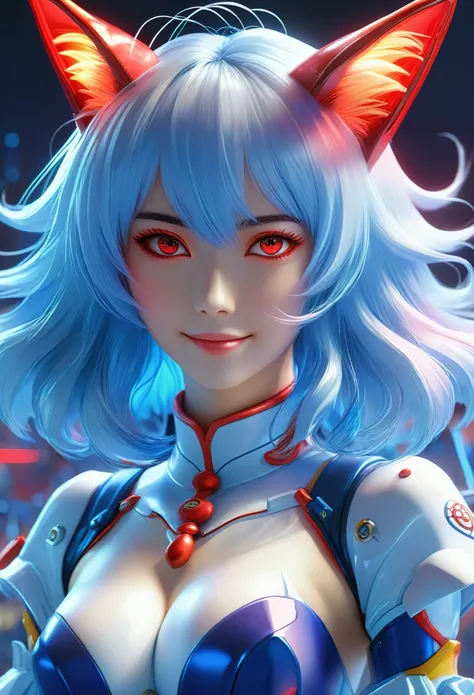 Smiling Rei Ayanami&#39;s masterpiece， (fox demon), fox tail， Caustics, High resolution illustration, Red eyes, feminine,Excellent figure， blue hair,,  Shadow flat illustration, The art of math, Popular topics on ArtStation, Very detailed, fine details, co...