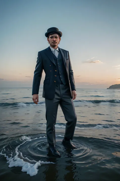 realistic portrait of a man standing on waves, with bowler hat and blue gray outfit. golden sky 