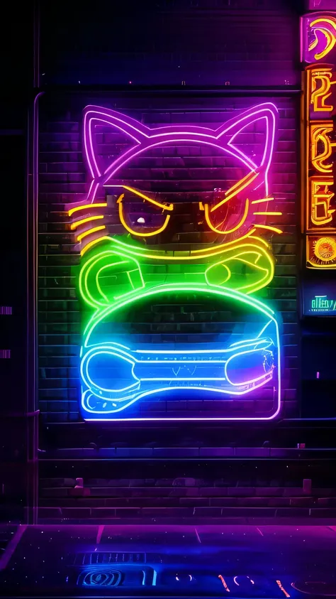 front of a cat bar: neon sign shaped cat head, vibrant, a busy city street, glowing lights, urban nightlife, vibrant colors, ene...