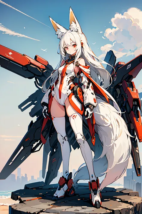 1 girl with long white hair, fox ears, fox tail, standing, full mecha body, looking at viewer