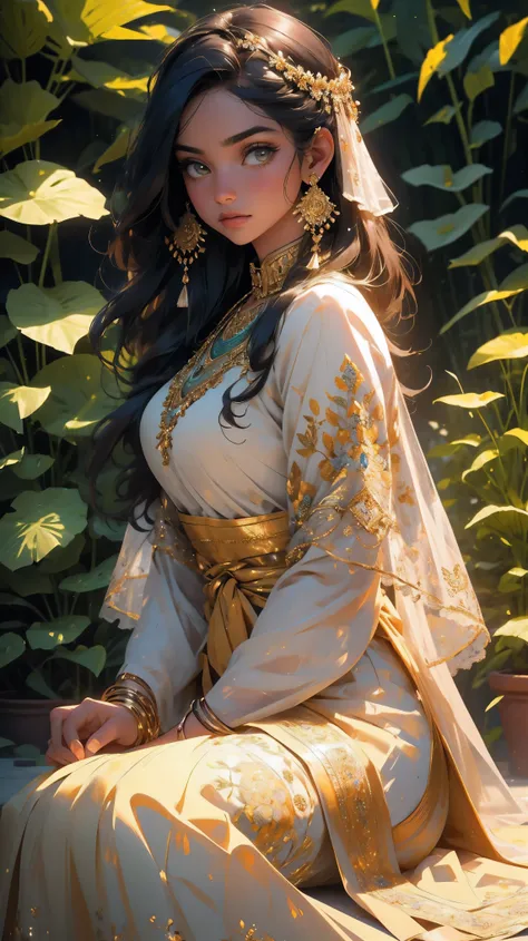 (best quality,4k,8k,highres,masterpiece:1.2),ultra-detailed,(realistic,photorealistic,photo-realistic:1.37),indian beautiful girl in traditional indian dress,expressive eyes,rosy cheeks,long, flowing hair,embroidered patterned dress,ornate jewelry,gold ban...