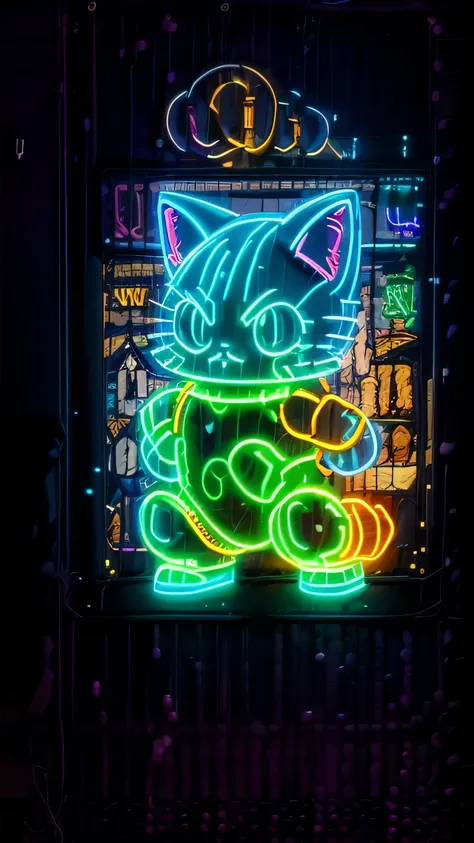 front (facade) bar cat: neon sign shape cat head. vibrant sign, lively bar bay window, lively city street, urban nightlife, vibr...