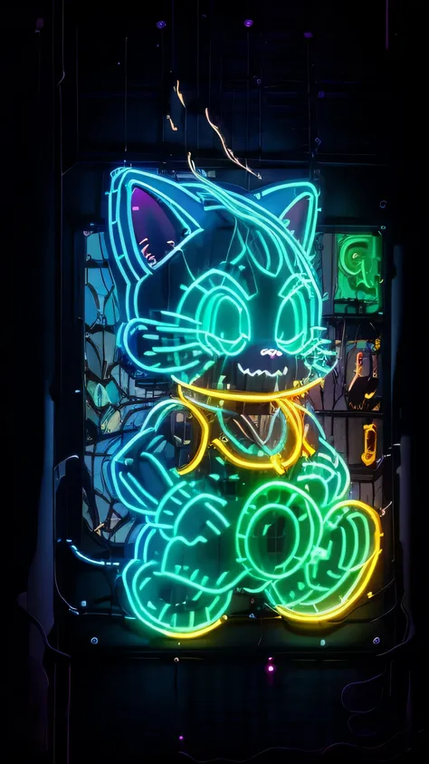 front (facade) bar cat: neon sign shape cat head. vibrant sign, lively bar bay window, lively city street, urban nightlife, vibr...