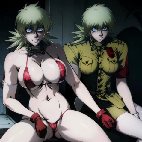 Hellsing Ultimate, Seras Victoria, ((1girl)), sole, ((bimbo)), spikey blond hair, blue eyes, cute smile face, puffy lips, thick lips, wide hips, thick thighs, enormous round breast, huge round ass, oily shiny skin, breasts squeezed together, naked breast, ...