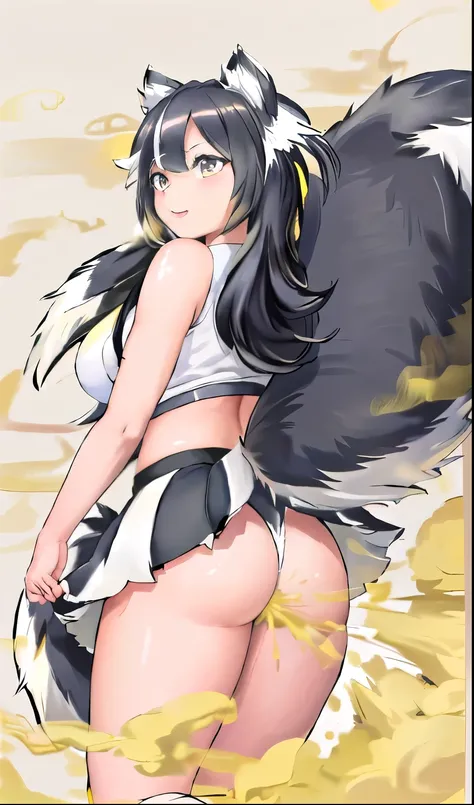 masterpiece, highest quality, (fart, farting, Yellow gas, 顔farting:1.3), ((お尻からのfart)), yellow smoke, (((skunk girl))), black hair, (((skunk tail))), (((big tail))), の上e tailed, (Skirt tail), animal ears