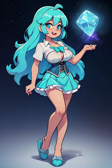 Sexy girl, beautiful and happy, confident and huge chest, long light turquoise hair and wearing a gray corset shirt and under a blue cordion skirt and slippers made of diamond and using galaxy core powers in her hand.