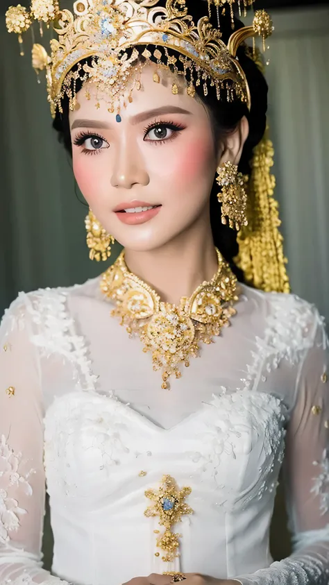 photography, woman, portrait of sunda wedding woman in white long kebaya dress traditional, sigger sunda on head, red lipstick, golden necklace, earrings, ornate, detail, flowers, blury background, soft fokus