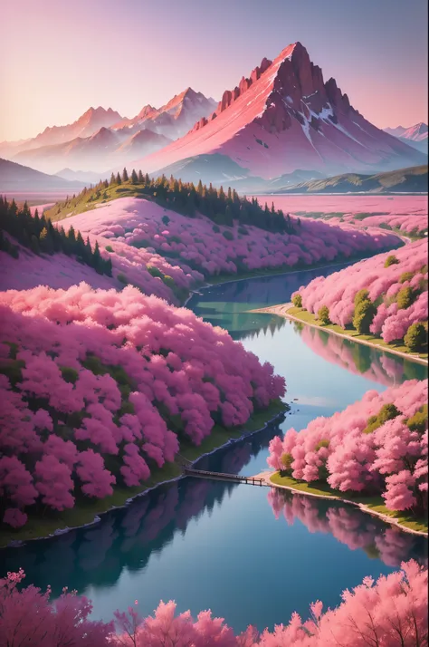 beautiful view of a pink lake in a pink flower garden and there are pink trees by the lake and behind it there are flowering hills and mountains and a beautiful sunset