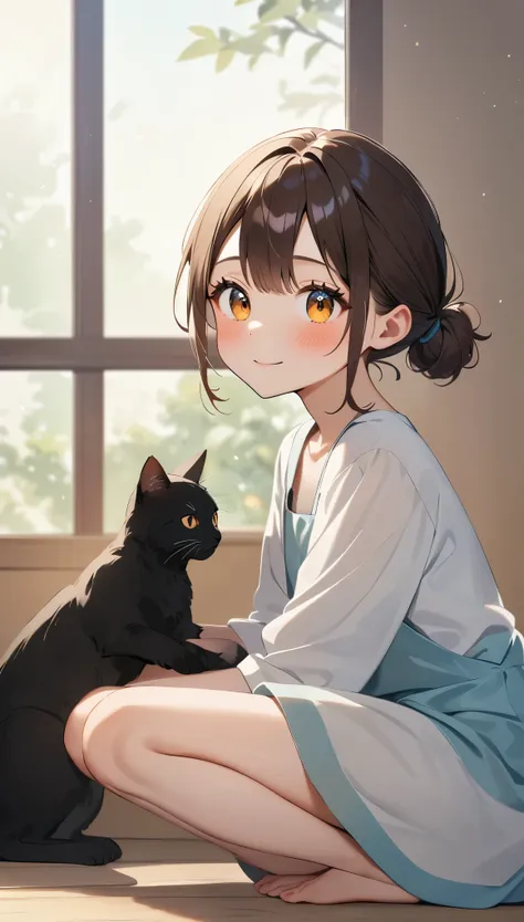 highest quality、black catを抱く女の子、cute 14 year old girl、bun hair with brown hair tied、black cat、natural look、long shot、natural lig...