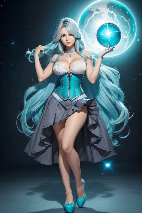 Sexy girl, beautiful and happy, confident and huge chest, long light turquoise hair and wearing a gray corset shirt and under a blue cordion skirt and slippers made of diamond and using galaxy core powers in her hand.