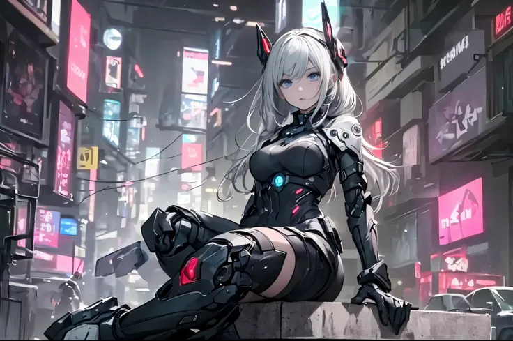 anime girl sitting on a ledge in a city at night, cyberpunk anime girl mech, Best Anime 4K Kona-chan Wallpaper, Cyborg - Silver-haired girl, cyberpunk anime girl, female cyberpunk anime girl, perfect android girl, anime cyberpunk art, digital cyberpunk ani...