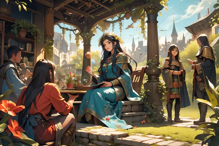 A detailed, fantasy-style illustration of a beautiful teenage girl with flowing obsidian hair, interacting with joyful children in a medieval-themed city garden. The scene is brimming  and lush greenery. The image should exude a sense of innocence, wonder,...