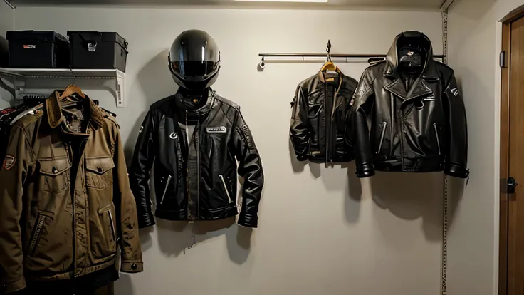 Indoor garage, motorcycle, helmet and jacket on the wall