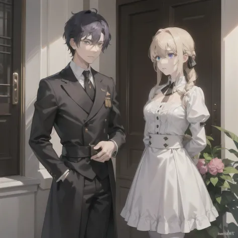 1girl and 1boy (violet, Gilbert, from violet evergarden) (masterpiece, high quality) She has a slim build of medium height and fair skin; her face is a little narrow and elongated, with large blue eyes and thick dark lashes. The blonde hair ends on her hip...