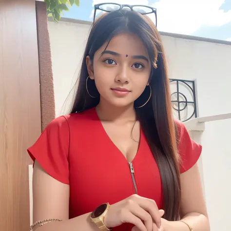 there is a young hot sexy girl showing cleavage, wearing a sexy red one piece showing cleavage and sunglasses, big breasts she is about 1 6 years old, with lovely look deep cleavage, indian girl with brown skin, nivanh chanthara, with accurate face, young ...