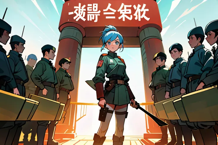 A cool female commander stands in front of the soldiers.、giving instructions for battle、