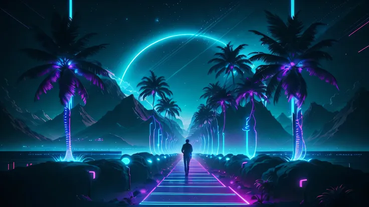 Create a Synthwave-inspired image of a lone figure walking down a tranquil path, surrounded by the calmness of nature and long long palm trees , with a dynamic energy that hints at an untold story, only neon lights illuminating the scene. The high quality ...