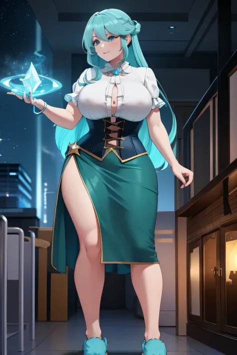 Sexy girl, beautiful and happy, confident and huge chest, long light turquoise hair and wearing a gray corset shirt and under a blue cordion skirt and slippers made of diamond and using galaxy core powers in her hand.