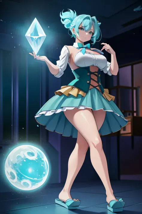 Sexy girl, beautiful and happy, confident and huge chest, long light turquoise hair and wearing a gray corset shirt and under a blue cordion skirt and slippers made of diamond and using galaxy core powers in her hand.