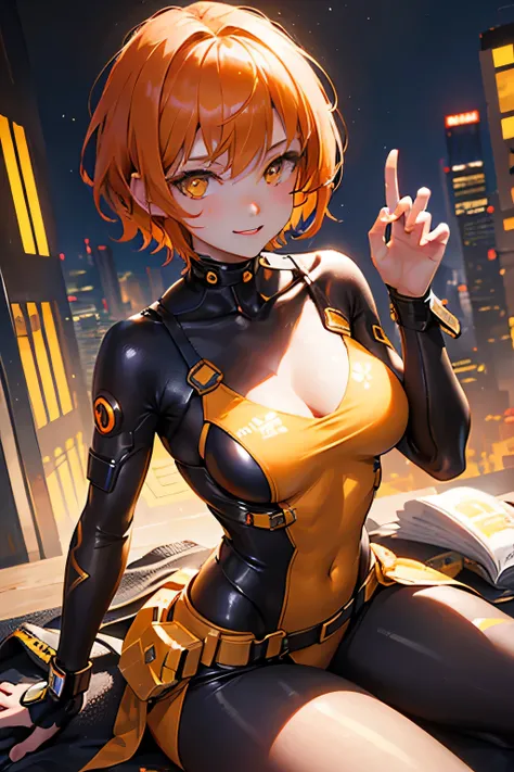 girl in cyberpunk costume、1 person、orange brown hair、yellow eyes、short hair、luster、glosischievous smile、lively look、beautiful、Honey Core、Hozuki scattered background、delicate pose