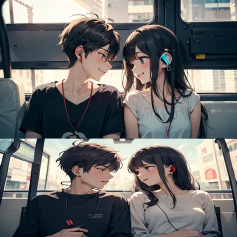 teenage couple, sitting inside a bus, both sharing a pair of earphones, sitting, bus interior, looking at each other, smiling, blushing