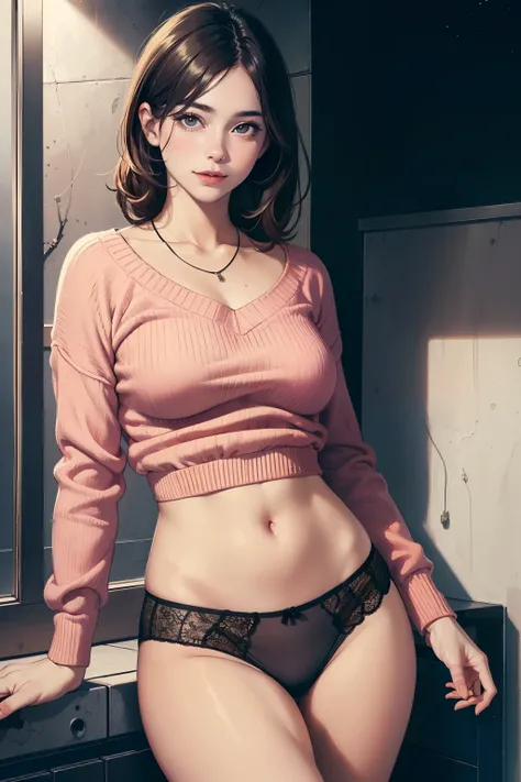 ((Night, Realistic Light, Best Quality, 8K, Masterpiece: 1.3)), 1girl, Slim Beauty: 1.4, (Brown hair, Medium breasts: 1.3), Long pink sweater: 1.1, uplift skirt, show black panties with detail lace, Bathroom, Super fine face, Delicate eyes, Double eyelids,...