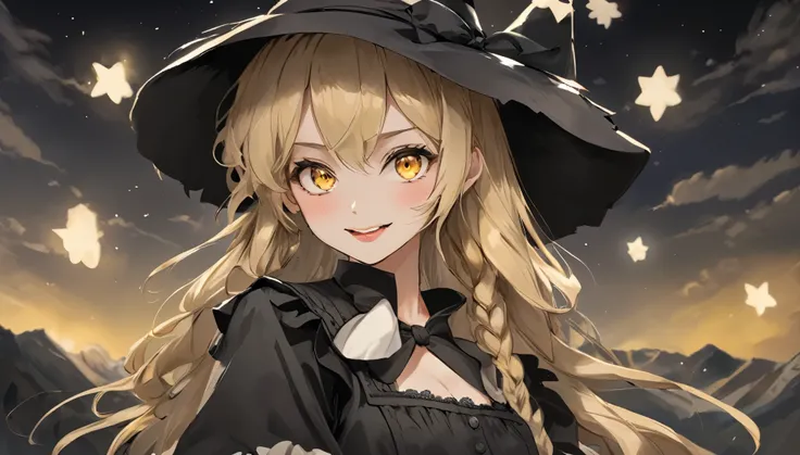 (best quality,masterpiece:1.2,8K,Highly detailed),(anime,flat color),(cute 1girl),((kirisame marisa)),highly detailed face,yellow eyes,highly detailed eyes,long blonde hair,hair between eyes,single braid,hair bow,black witch hat,hat bow,frills,puffy short ...