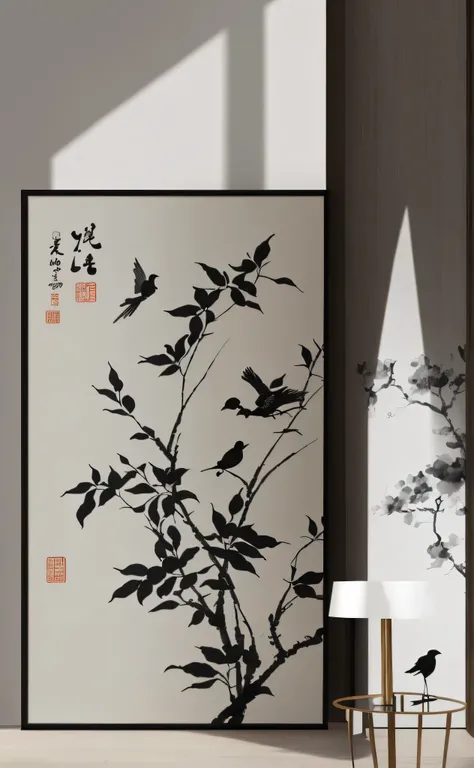 there is a picture of a vase with a bird on it, chinese painting style, hanging scroll on wall, inspired by Emperor Huizong of Song, inspired by Sesshū Tōyō, chinese style painting, inspired by Kanō Masanobu, traditional chinese ink painting, inspired by S...