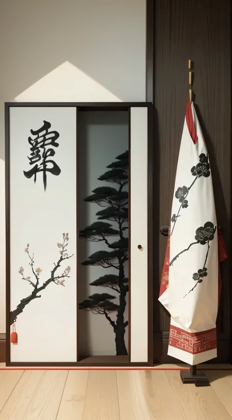 there is a picture of a picture of a tree on a shelf, hanging scroll on wall, chinese painting style, traditional chinese ink painting, inspired by Emperor Huizong of Song, chinese style painting, with ancient chinese aesthetic, japanese art style, japanes...