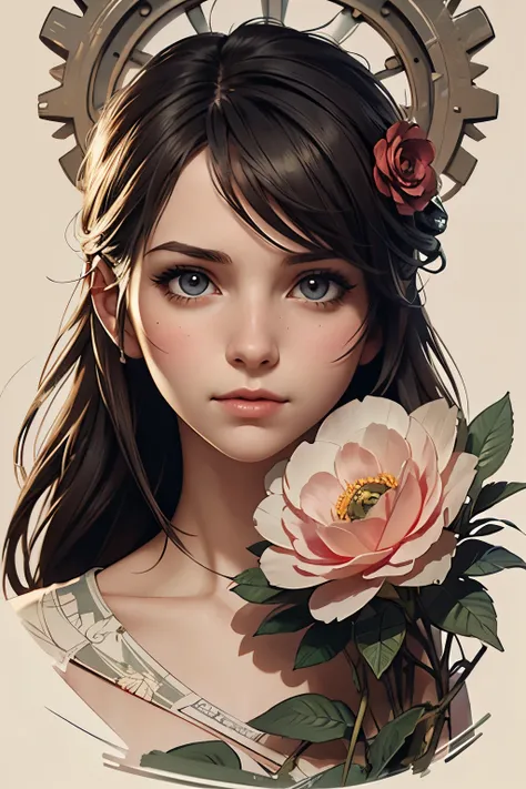 Charlie Bowater realistic Lithography sketch portrait of a woman, flowers, [gears], pipes, dieselpunk, multi-colored ribbons, old paper texture, highly detailed, peaceful and beautiful, final fantasy XV