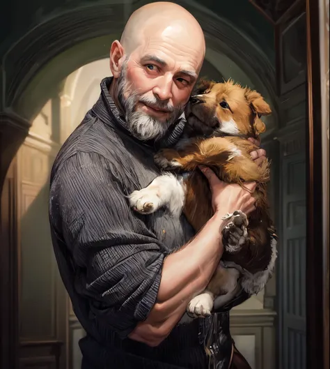 there is a man holding a puppy in his arms, with his hyperactive little dog, high quality portrait, by Aleksander Gierymski, by Stefan Gierowski, by Jan Konůpek, by Kazimierz Wojniakowski, he is wearing a brown sweater, by Zoran Mušič, by Eugeniusz Zak