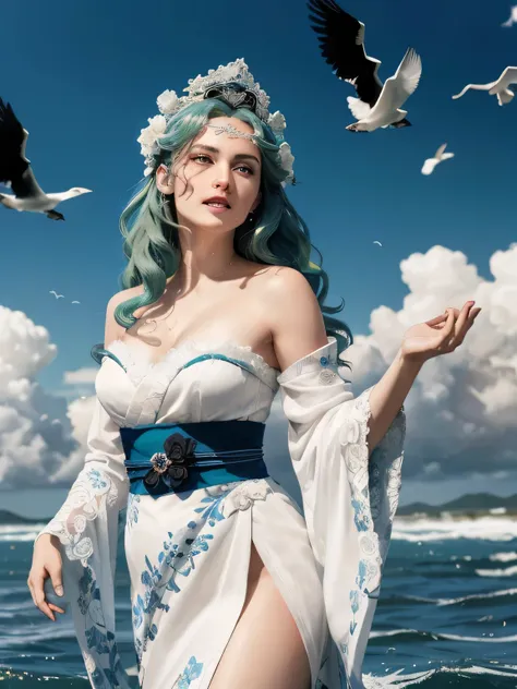 Green hair, very very long wavy hair, hair strands, super details, 1girl, flowy white strapless dress, wide sleeves open kimono, surrounded by high tides, flying birds, water splashing, queen, frills-trimmed, intricate luxurious headpiece, blue eyes, victo...