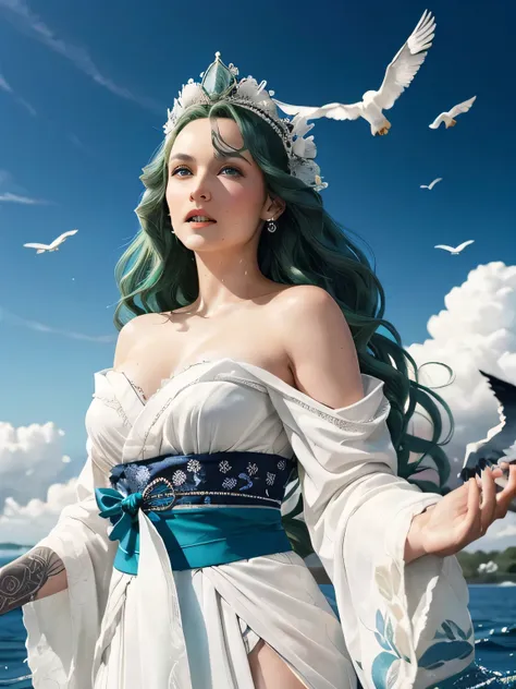 Green hair, very very long wavy hair, hair strands, super details, 1girl, flowy white strapless dress, wide sleeves open kimono, surrounded by high tides, flying birds, water splashing, queen, frills-trimmed, intricate luxurious headpiece, blue eyes, victo...