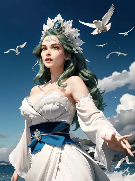 Green hair, very very long wavy hair, hair strands, super details, 1girl, flowy white strapless dress, wide sleeves open kimono, surrounded by high tides, flying birds, water splashing, queen, frills-trimmed, intricate luxurious headpiece, blue eyes, victo...