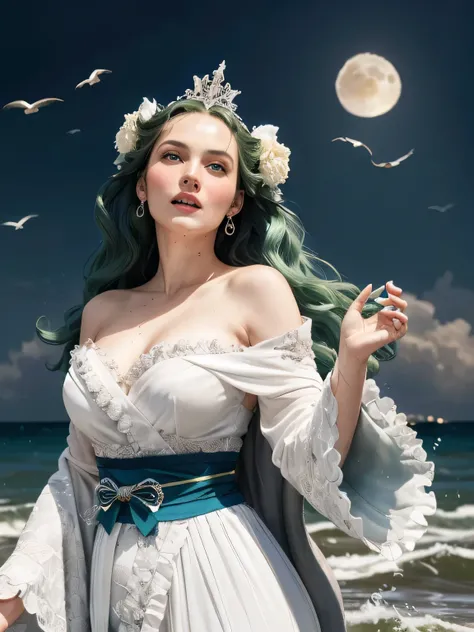 Green hair, very very long wavy hair, hair strands, super details, 1girl, flowy white strapless dress, wide sleeves open kimono, surrounded by high tides, (super moon:1.2), flying birds, water splashing, queen, frills-trimmed, intricate luxurious headpiece...