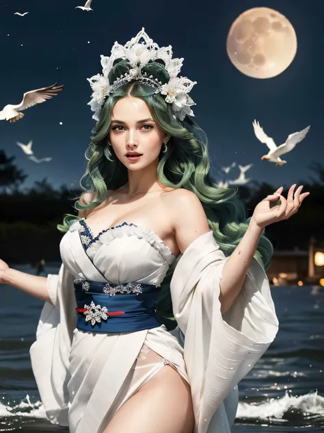 Green hair, very very long wavy hair, hair strands, super details, 1girl, flowy white strapless dress, wide sleeves open kimono, surrounded by high tides, (super moon:1.2), flying birds, water splashing, queen, frills-trimmed, intricate luxurious headpiece...