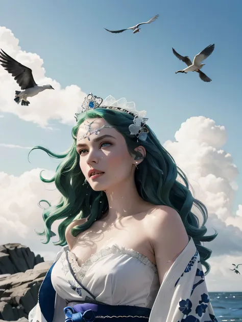 Green hair, very very long wavy hair, hair strands, super details, 1girl, flowy white strapless dress, wide sleeves open kimono, high tides, flying birds, water splashing, queen, frills-trimmed, intricate luxurious headpiece, blue eyes, victorian era, medi...