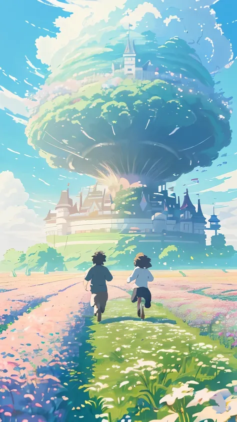 A girl and a boy running in a flower field like the anime castle in the sky, cloud moving, wind blowing, studio Ghibli style, long and wide shot,