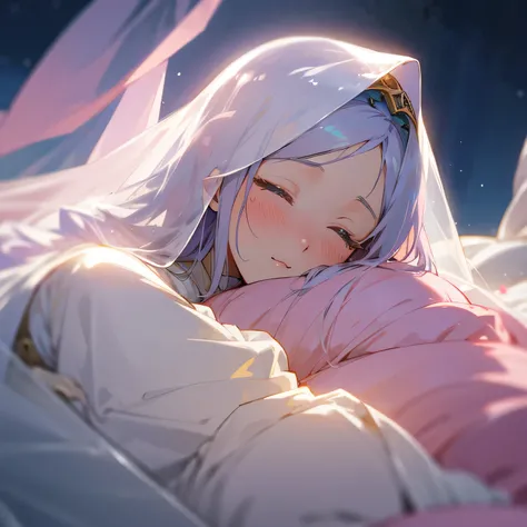 anime style、pastel tone,A celestial maiden is sleeping wearing a veil and a large transparent cloth.、face close up、scenery of folk tales、It&#39;s midnight and the moonlight is shining、Based on light pink color、