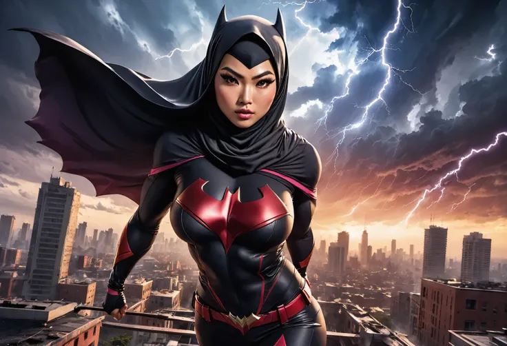(anime, 3D rendering, high-res),super detailed,Female,Asian Malaysian BatWoman,fierce and determined expression,strong and muscular physique,beautiful almond-shaped eyes,bold and defined eyebrows,long and voluminous lashes,rosy cheeks,rosy lips,athletic ou...