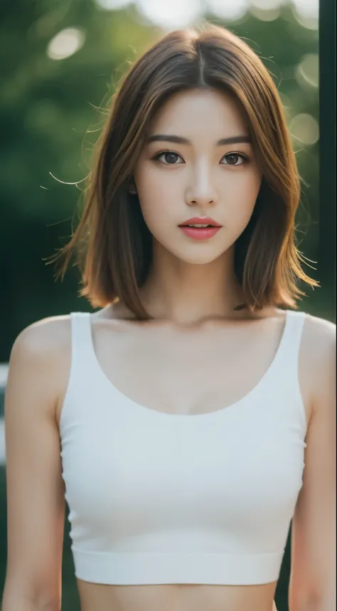 ((realistic lighting, highest quality, 8K, masterpiece: 1.3)), clear focus: 1.2, 1 girl, perfect beauty: 1.4, slim abs: 1.1, ((dark brown hair)), (white crop top: 1.4), (outdoor, night: 1.1), park view, super fine face, fine eyes, double eyelid,