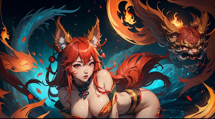 Ahri, ((((single person, single girl)))), perfect breasts, ((upperbody shot)), highly detailed face, well defined face details, detailed face lighting, (((chinese aesthetics))), (((chinese aesthetic background))), ((red flames)), ((((8k ultra HD)))), red t...