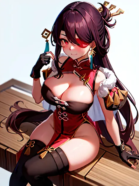 1 girl, highest quality, masterpiece, High resolution, one person in, {Beidou_Genshin:1.15}, length_hair, eyepinch, red_eyes, Brown_hair, hair_ornament, hair_that&#39;s all_One_eye, chest, One_eye_covered, hairpin, smile, hair_stick, jewelry, front hair, e...