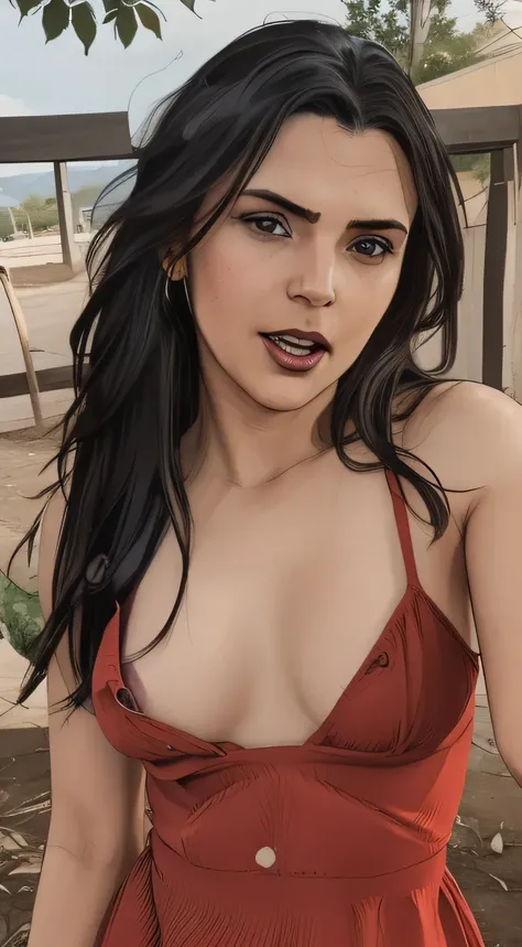 close-up, looking at viewer, girl in, age30, Solo, Aesthetic artwork, irish,  (long straight black hair, brown eyes), A-cup, runners body, (gape, textured skin, skin pores, open mouth:1.1), goosebumps, in a red sundress, downblouse, sexy, taking a close-up...