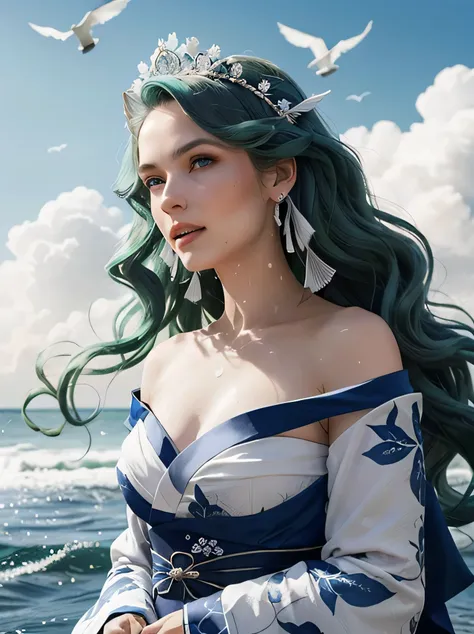 Green hair, very very long wavy hair, hair strands, super details, 1girl, flowy white strapless dress, wide sleeves open kimono, high tides, flying birds, water splashing, queen, frills-trimmed, intricate luxurious headpiece, blue eyes, victorian era, medi...