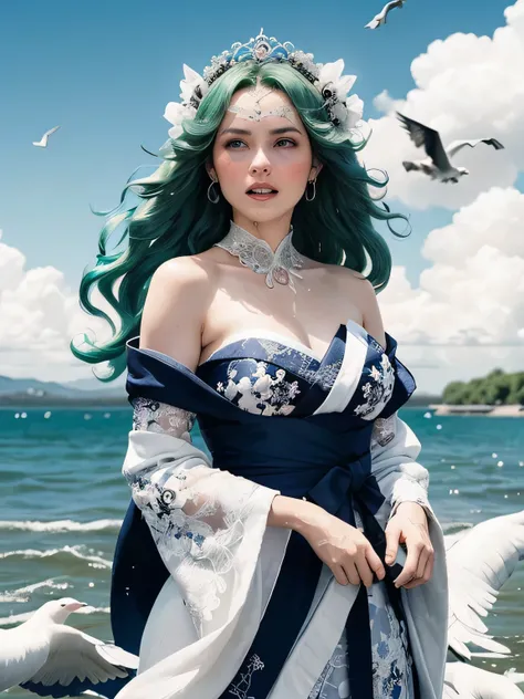 Green hair, very very long wavy hair, hair strands, super details, 1girl, flowy white strapless dress, wide sleeves open kimono, high tides, flying birds, water splashing, queen, frills-trimmed, intricate luxurious headpiece, blue eyes, victorian era, medi...