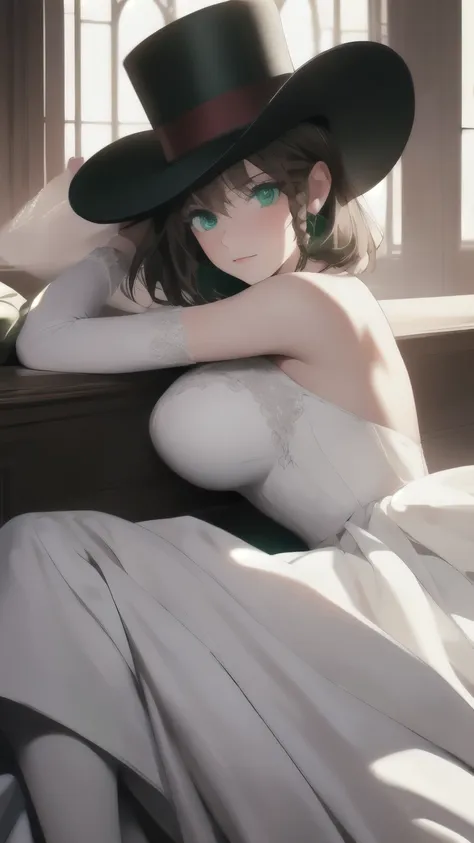 charlotte cody, charlotte corday, braid, brown hair, (green eyes:1.5), short hair, side braid, break hat, hat flower, juliet sle...