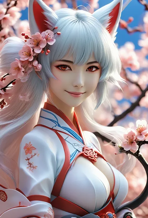 Smiling Rei Ayanami&#39;s masterpiece， (fox demon), fox tail， national style，Peach blossoms in bloom， Red eyes, feminine,Excellent figure