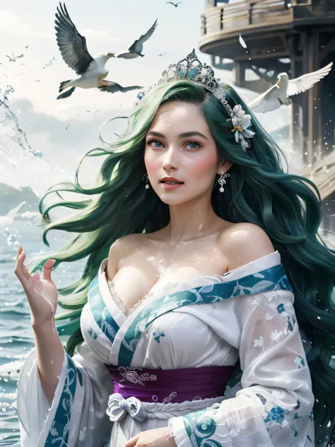 Green hair, very very long wavy hair, hair strands, super details, 1girl, flowy white strapless dress, wide sleeves open kimono, high tides, flying birds, water splashing, queen, frills-trimmed, intricate luxurious headpiece, blue eyes, victorian era, medi...